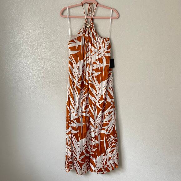 Lulus‎ Dress Womens Small Orange Cream Kalena Maxi Halter Pleated Palm Tree Boho - Picture 4 of 15